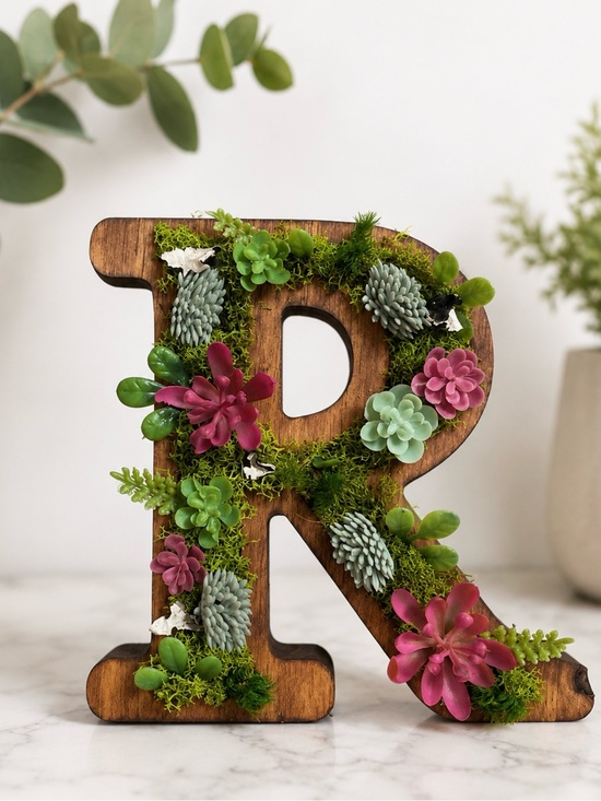 Other - Wooden Floral Letter R Accent with Green and Pink Succulents
